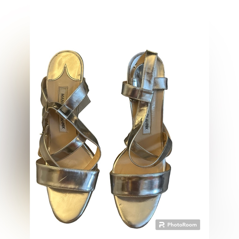 Manolo Blahnik silver strapped sandal heels
